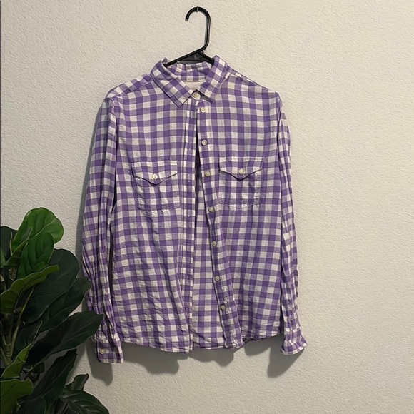 Banana Republic Medium Soft wash linen blend purple Gingham Button Down Shirt - Picture 1 of 3